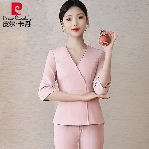 皮尔卡丹美容师工作服女美容院养生馆SPA会所产康师月子中心工装套装 6296粉色上衣+裤 L