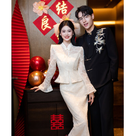 Wutuo Engagement Clothes Women's Winter New Chinese Style Champagne Color Cheongsam Toast Clothes Bride Wedding Dress Dress Long Sleeve Champagne Color 3263 L