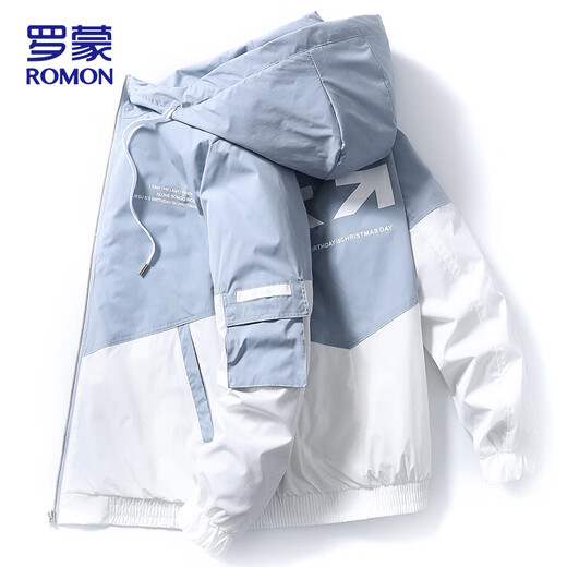 ROMON Jacket Men's Spring and Autumn Jacket Men's Hooded Trendy Casual Contrast Color Top Men's Light Blue XL
