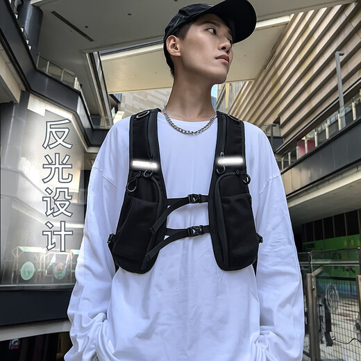 Jingmengyuan trendy cool dark functional style tactical workwear vest bag reflective lightweight cycling running storage mobile phone bag black