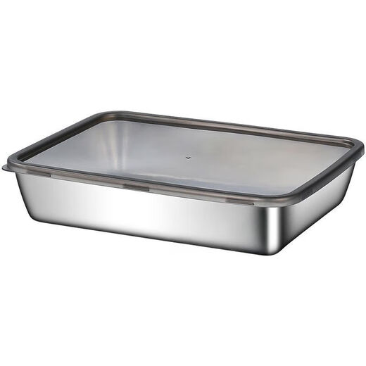 Thickened food-grade stainless steel crisper meal tray household rectangular tray refrigerator storage box packing box household crisper box six pack with transparent black lid