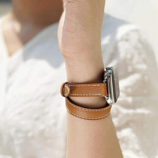 DE TRINE适用iwatch9爱马/仕8seUItra双圈真皮applewatch654苹果手表带高 双圈竹青色 细款 轻奢真皮高定 45MM适合789代下单送壳膜