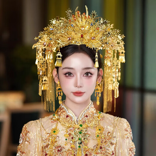 CHAUIYIN Chao Yin Fengguan Xia Pei Tiara Bride Hanfu Heavy Industry Headwear Golden Retro Face Curtain Chinese Xiuhe Accessories Gold Face Ring (Ear Clip Style