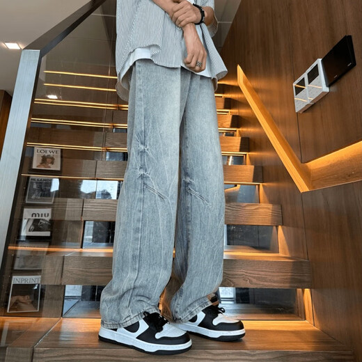 竹节纹针缝牛仔裤男夏季美式复古vibe高街微喇裤宽松直筒痞帅长裤 浅蓝688-DDD M