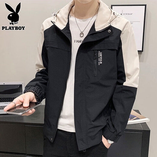 Playboy (PLAYBOY) jacket men's work jacket men's autumn and winter casual trendy brand men's hooded top black gray XL