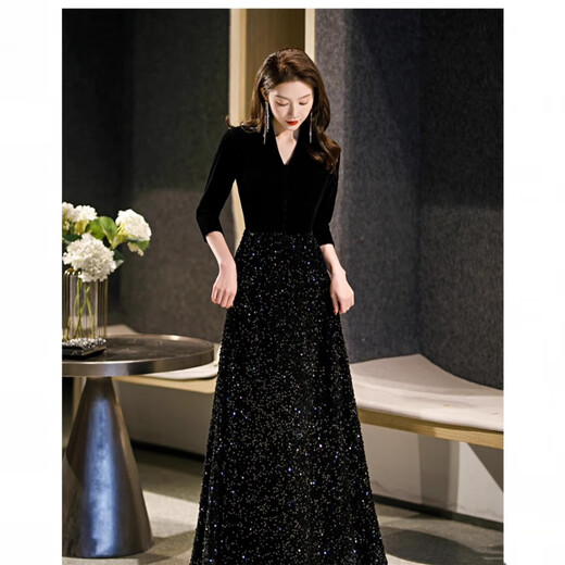 Wutuo black dress female high-end light luxury dinner party temperament niche sequin command dinner host black S