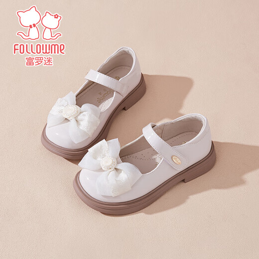Fuluo Mi Girls' Leather Shoes Spring and Autumn New Mary Jane Shoes Children's Sweet Bow Princess Shoes Off-White 35
