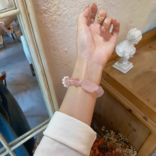 Natural Madagascar Rose Quartz Bracelet for Women Hibiscus Stone Horse Pink Crystal Pixiu Bracelet Lucky Peach Blossom Bracelet Rose Quartz + Moonstone 13cm