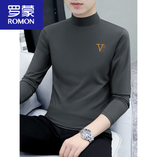 罗蒙（ROMON）纯棉半高领打底衫男士长袖T恤纯色中领春秋男装内衣t恤外穿秋衣 LH-YPC6187炭灰色 M 【建议100-115斤】