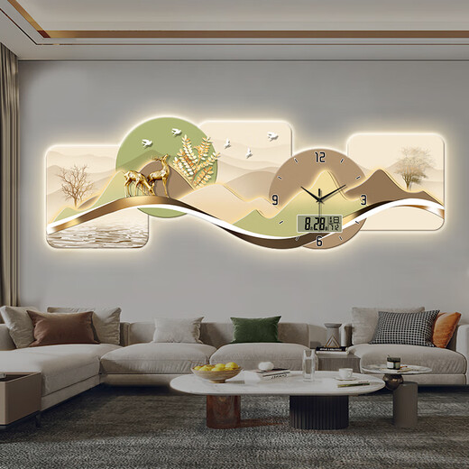 小小画钟福鹿万年历电子钟表挂钟客厅装饰画LED带灯餐厅沙发背景挂墙时钟 BG6623 LED灯画（插电款+遥控器） 47英寸 【120*40cm】