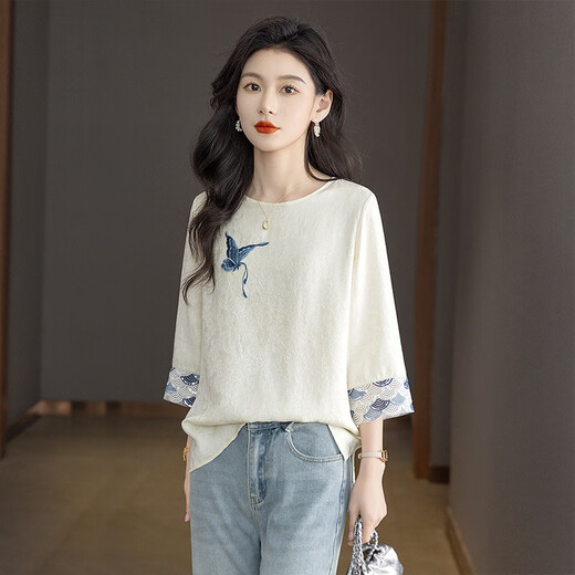 Sibaishe New Chinese Style Shirt 2026 Spring New Women's National Style Loose Style Spliced Round Neck Shirt