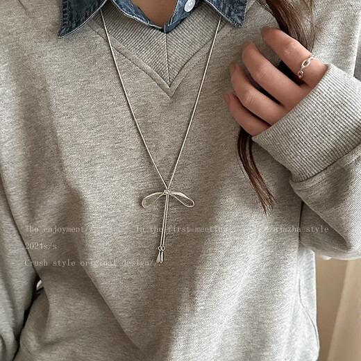 Jingkodi MIU bow metal necklace women's long sweater chain high sense light luxury niche sweatshirt accessories miu simple bow