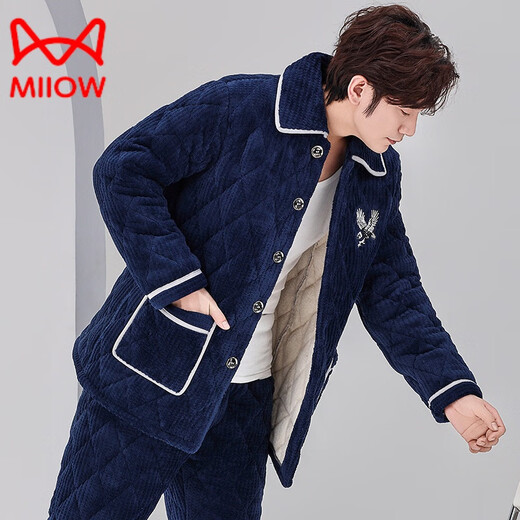 
Catman (MiiOW) pajamas for men in autumn and winter, three-layer thickened coral velvet cotton flannel warm home clothing set winter style C9901 black gray men [milk velvet] XL 3 layers x (125 145Jin [Jin equals 0.5 kg]) three-layer thickened