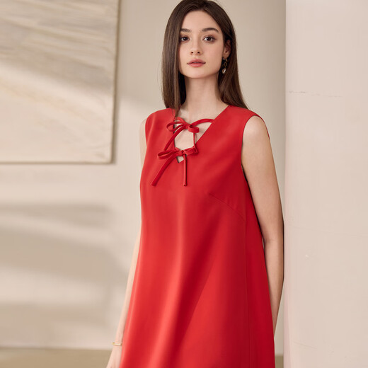 
ROEYSHOUSE high-end orange-red sleeveless dress for women 2025 summer new temperament bow straight skirt 11978 orange-red M