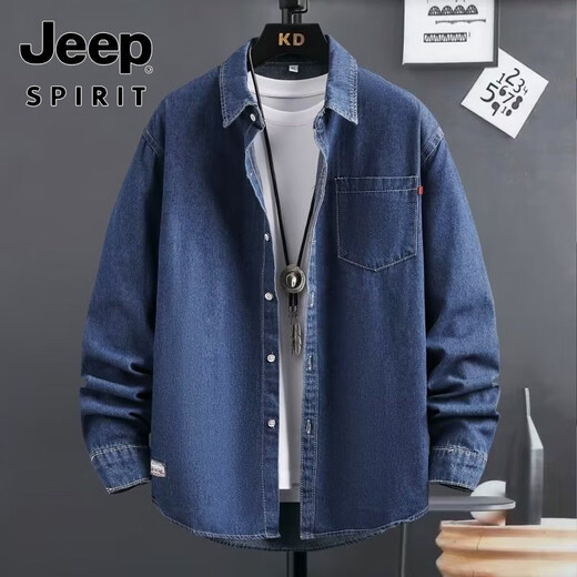 Jeep Spirit American High-High-Ald Spring y Autumn Men's Camiseta de manga larga Camisa de mezclilla de algodón puro Base informal Versátiles suelto NS-1105 Light Blue M
