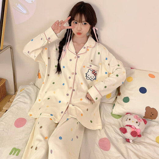 Mobehai -Pyjama für Frauen im Frühling und Herbst lange Ärmel Süßes und süßes 2025 neuer Home -Kleidung Sommeranzug für Outdoor -Kleidung 6173 Lapel Tupfen Katze M.