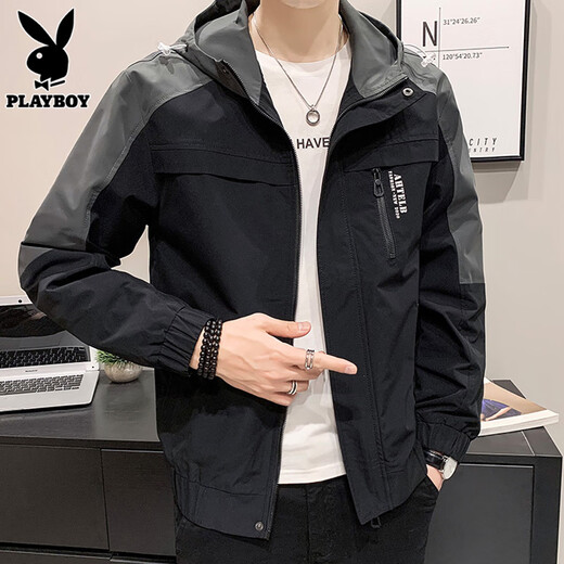 Playboy (PLAYBOY) jacket men's work jacket men's autumn and winter casual trendy brand men's hooded top black gray XL