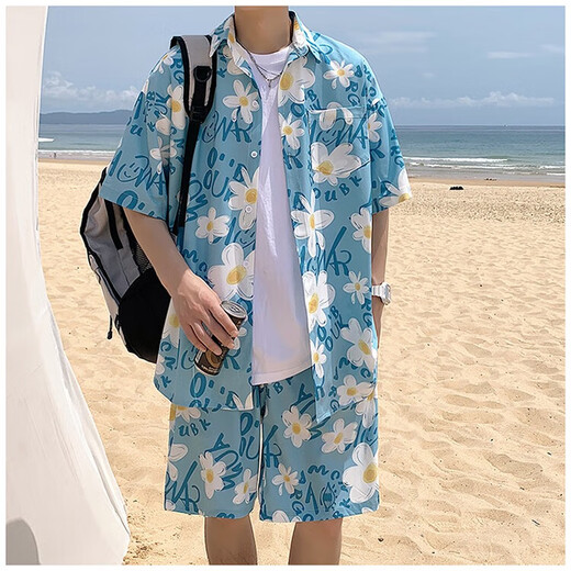 肯奈迪衬衫夏季男休闲衬衫提花短袖男衬衣花衬衫夏威夷宽松沙滩度假外套 蓝色-花朵-衬衫短裤两件装 2XL 【170CM-180CM】
