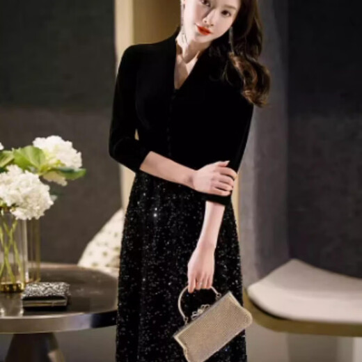 Wutuo black dress female high-end light luxury dinner party temperament niche sequin command dinner host black S