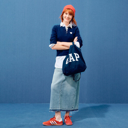 GAP women's spring love patch embroidered logo Henry collar slim long-sleeved T-shirt top 729420 navy blue M (165/84A) Asian size