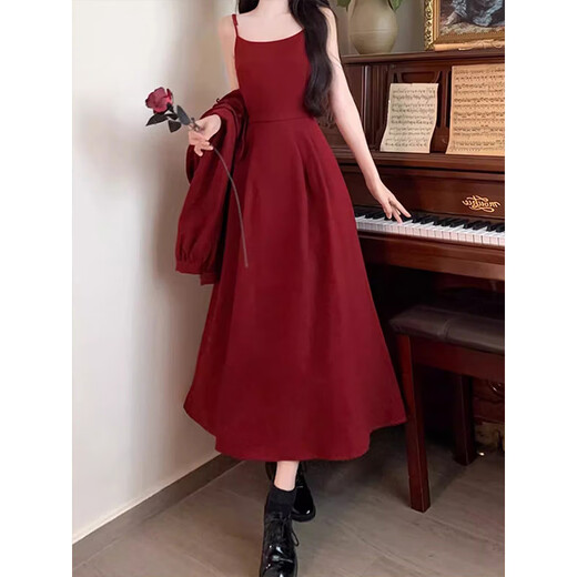 Hao'e Retro Red Dress Set Chinese Style Plate Button Red New Chinese Top Dress Two-piece Set Splicing Plate Button Dress Two-piece Set Red M