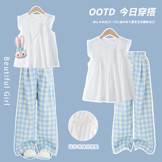 NICKYBABY Girls Suit Summer 2025 New Children's Short Sleeve Wide Leg Pants Two-Piece Set Big Children's Summer Casual Fashion Clothes 18897 Blue Gradient Pink +15266 Blue 160 cm