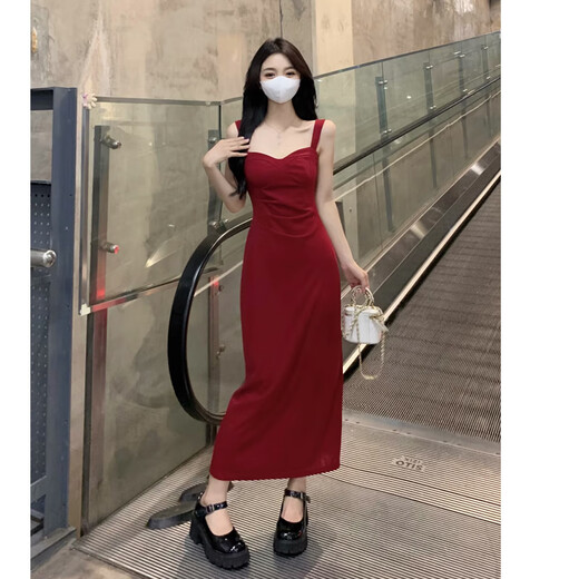 歌温妮夜店性感女装纯欲小个子大码红色吊带连衣裙外搭罩衫抹胸修身包臀 针织开衫+吊带裙 XL :（建议120%7E140斤）