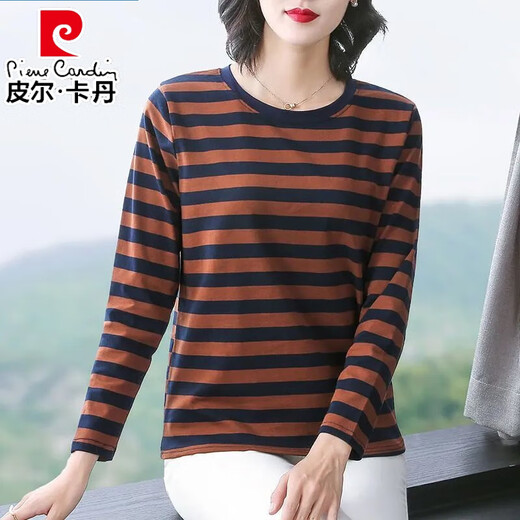 Pierre Cardin Loose Lose Long Ärmel-T-Shirt für Frauen 2025 Frühling und Herbst Neues modisches inneres Basishemd sowie vielseitiges Frühspring-T-Shirt Top für Frauen 6623 Gelb [Big Stripes l Vorschlag [105-120jin [Jin gleich 0,5 kg]