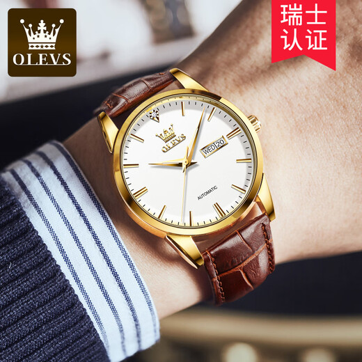 OLEVS Relojes de las diez mejores marcas con certificación suiza para mujer, reloj mecánico totalmente automático, reloj de mujer sencillo y elegante como regalo para esposa, versión mejorada 6629 para hombre - cuero marrón y esfera blanca