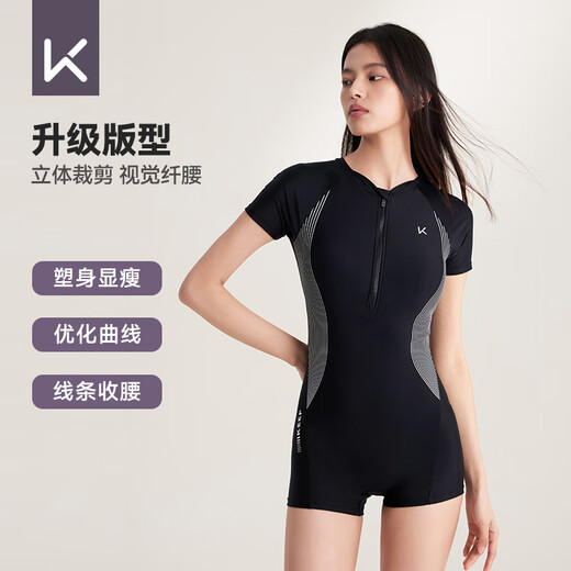Keep swimsuit women's professional one-piece boxer swimsuit racing conservative large size spa swimsuit 047 black L