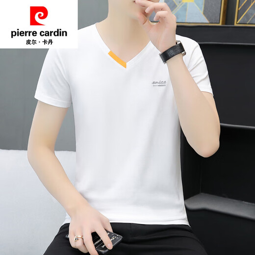 皮尔卡丹（pierre cardin）父亲节夏装新款纯色纯棉男短袖t恤打底衫V领体恤半袖上衣服 杏色qy691 XL 120-135斤
