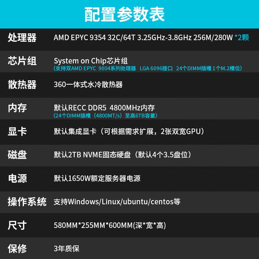 
AMD EPYC (Xiaolong) dual-channel 9754/9654 industrial simulation computing DeepSeek localization deployment/CPU rendering scientific computing finite element analysis tower server Dual-channel 9354 3.25G 64 core 128 threads 32G memory丨2T solid state丨set