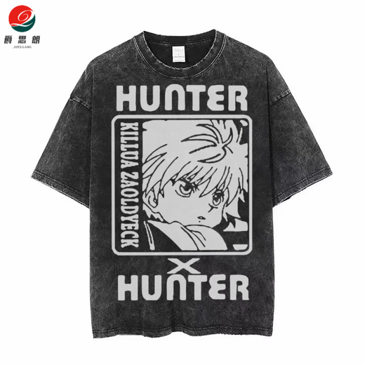 Jueslang animation full-time hunter hunter x hunter retro old summer cotton washing short-sleeved T-shirt for men and women washing black B1278 XL