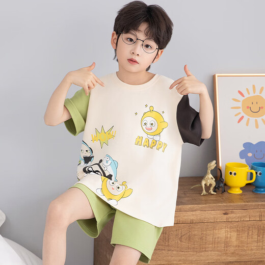 浪莎儿童睡衣男小童夏季短袖薄款纯棉家居服男孩中大童夏天学生套装 LT692 150 建议140-150CM/70-85斤