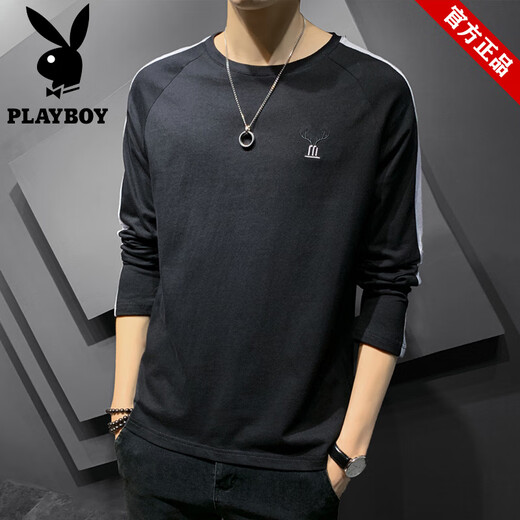 花花公子（PLAYBOY）品牌纯棉长袖t恤男装春夏季宽松刺绣打底衫上衣男款潮牌圆领卫衣 692杏色+692灰色【共2件】 2XL (约140-155斤可穿)
