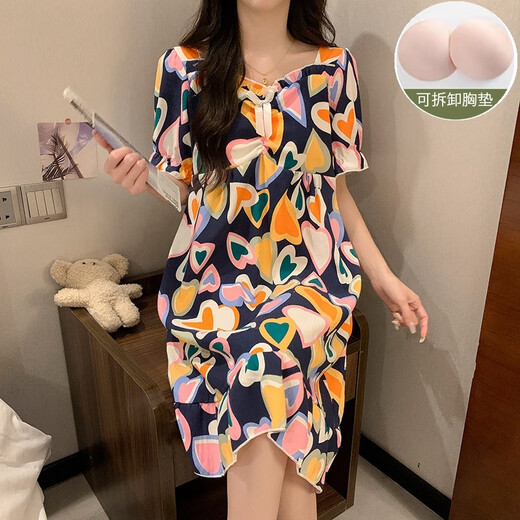 Yuan pekying Nachthemd mit Brustpolster Sommer Frauen 2025 Neues kurzärmeliges Pyjama Frauen-Heimkleidung Langes Prinzessinstil Kleid 9871 Pacha Hund [mit Brustpolster] 2xl 130-150jin [Jin gleich 0,5 kg]