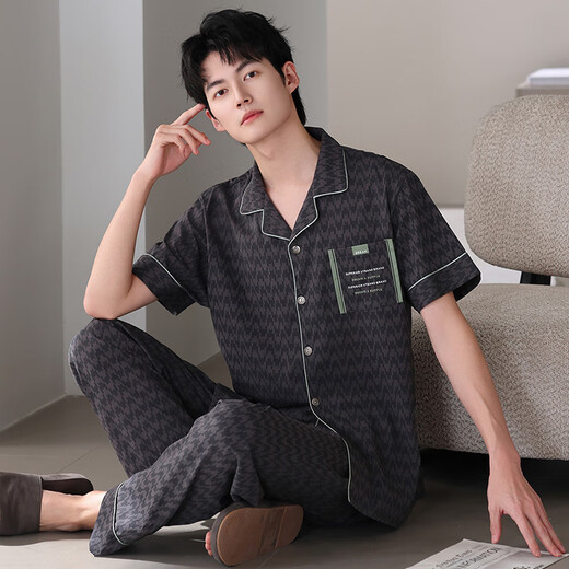 美即莱（MEIJILAI）睡衣男士夏季纯棉短袖长裤开衫薄款全棉家居服男春夏款加大码套装 5009（95%棉+5%氨纶） XL （身高175-180体重140-160）