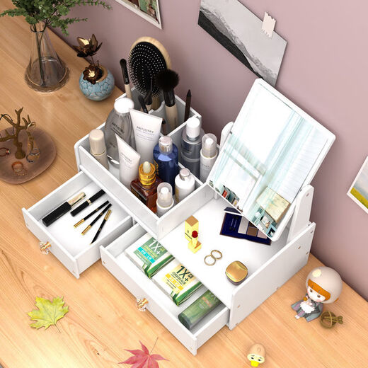 Wing Fantasy Cosmetic Storage Rack Storage Box Drawer-type Makeup Mirror Desktop Dressing Mirror Dormitory All-in-One Dressing Table Large Double-drawn Mirror Dual-Purpose Round Mirror