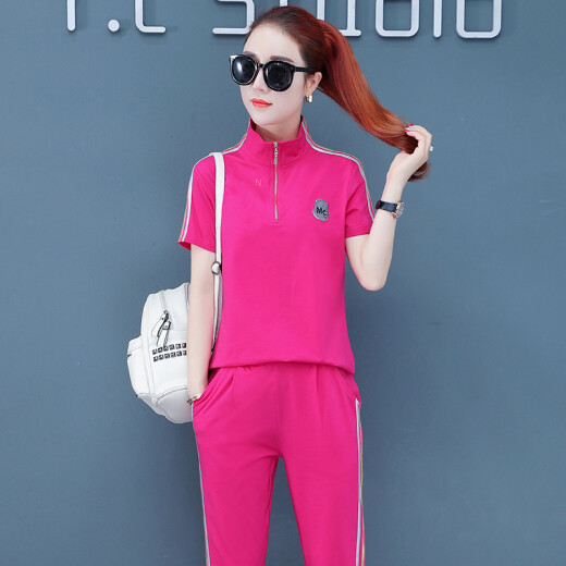 Fanshu 2019 summer new Korean fashion trend loose slim short-sleeved sweatshirt wide-leg pants casual sportswear suit women's two-piece set HZ650-1986 big red L