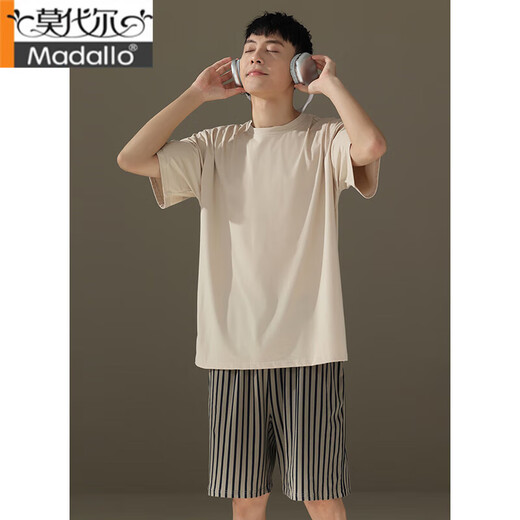 莫代尔男士睡衣夏季纯棉薄款圆领短袖青少年宽松休闲简约条纹短裤家居服 男款15838 L