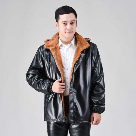 月袖（YUEXIU）加绒加厚皮衣皮裤套装男式摩托防风宽松加大码冬天皮棉衣代驾外套 连帽款加绒加厚皮衣套装 5XL (建议180-200斤)