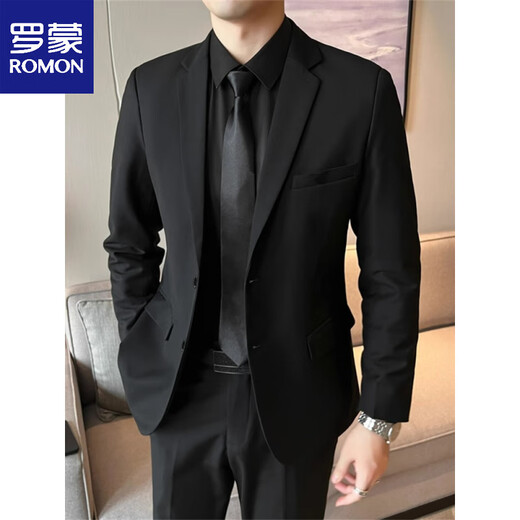 ROMON Suit Jacket Men's Slim Suit Casual Business Professional Formal Wear Handsome Groomsman Suit Two-piece Black Suit+Pants+White Shirt+Tie XL