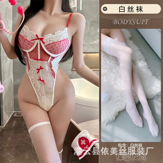 鲜橙曼欲纯欲护士制服蕾丝蝴蝶结心型透视连体衣性感套装9276 红色连体衣+发箍白开档袜 S码80-100斤