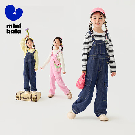 Mini Balabala Loose Denim Overalls for Girls Baby Soft and Sweet Overalls Trousers Autumn New Pink Color 01315 140