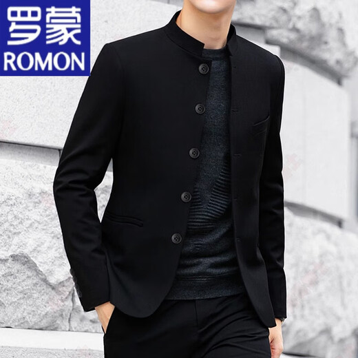 ROMON high-end brand Mao suit young people new Chinese style men's Republic of China stand collar suit jacket men's suit large size trend Mao suit black trousers 2XL 155-170Jin Jin equals 0.5 kg