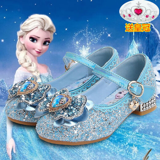 Ye Yu Girls' High Heels Spring and Autumn Elsa Frozen Princess Crystal Soft Sole Shoes Elsa Children's Leather Shoes Children's Shoes 810-3 High Heels Ice Blue Free Crown 30 Inner Length 18.5cm