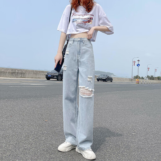 网红破洞牛仔裤女2025春秋新款高腰显瘦垂感阔腿拖地裤ins潮夏装 浅蓝色现货【687款长裤】 XL