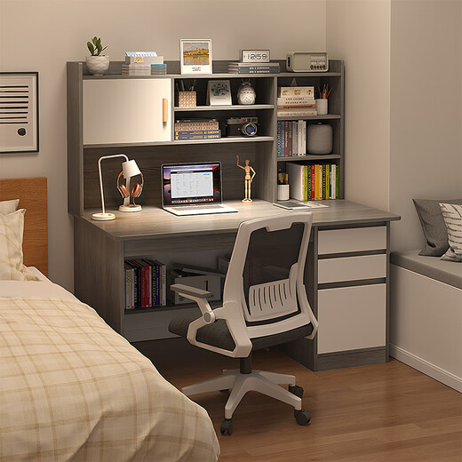 Humanities Chengjia computer desk desktop home bedroom desk bookcase bookshelf integrated combination middle school student study table desk table + swivel chair 120CM Morandi gray