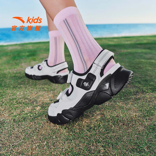 安踏儿童凉鞋女大童鞋2025夏季新品魔术贴户外包头玛丽珍运动沙滩鞋 安踏白/黑-3 36 鞋内长23cm