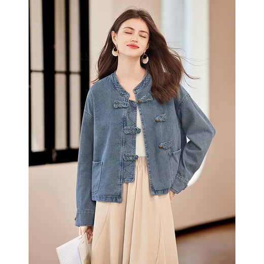 Sie Chi neue chinesische Denimjacke 2025 Herbst neue Frauen Retro Plattenknopf gewaschener Standkragen Top